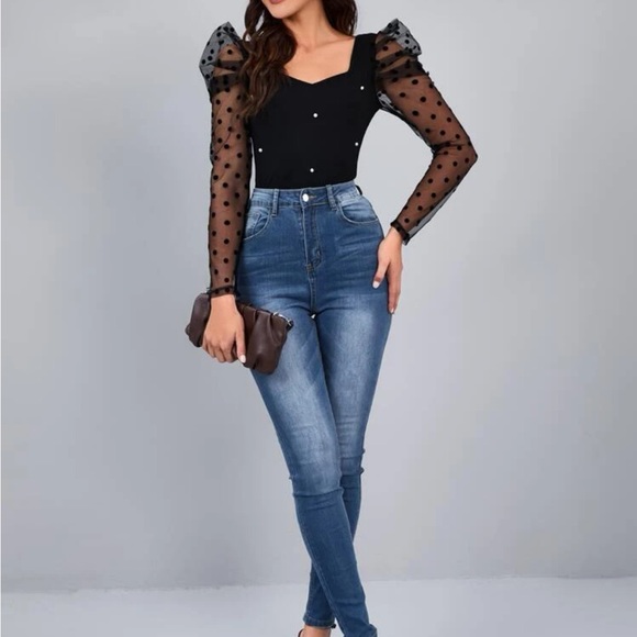 Elegant Sheer Mesh Lace Puff Long Sleeve Beaded Top Blouse Shirt - Picture 4 of 6